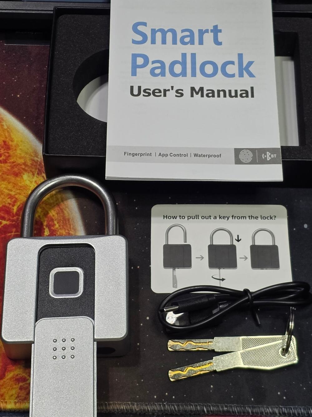 Smart Fingerprint Padlock Bluetooth App Control Key Waterproof Silver USB